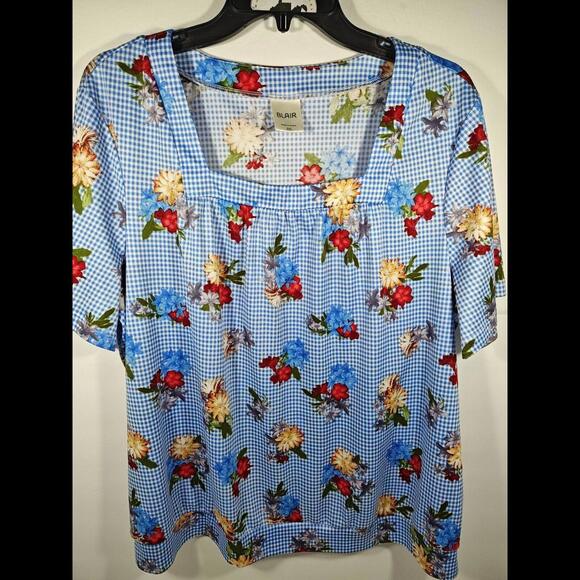 Blair Tops - Blair 2XL Blue White Checked floral pullover top Square neck short Sleeve